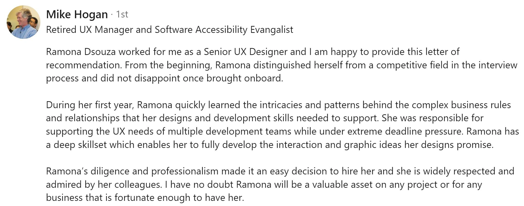 Senior tech recruiter reference for Ramona Dsouza UX systems designer